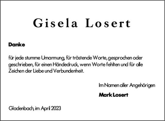 Traueranzeige von Gisela Losert von Hinterländer Anzeiger