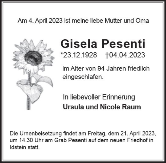 Traueranzeige von Gisela Pesenti von Idsteiner Land/Untertaunus