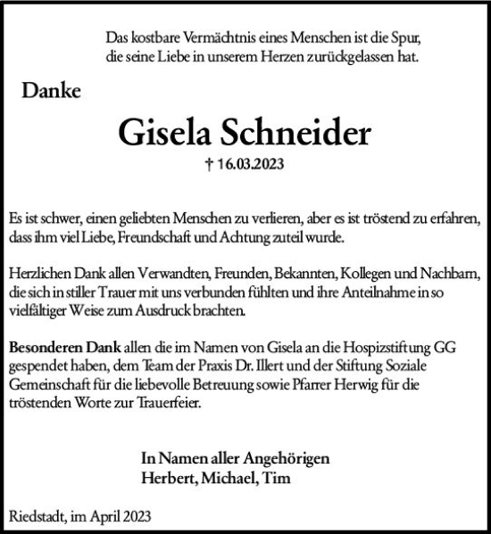 Traueranzeige von Gisela Schneider von Odenwälder Echo