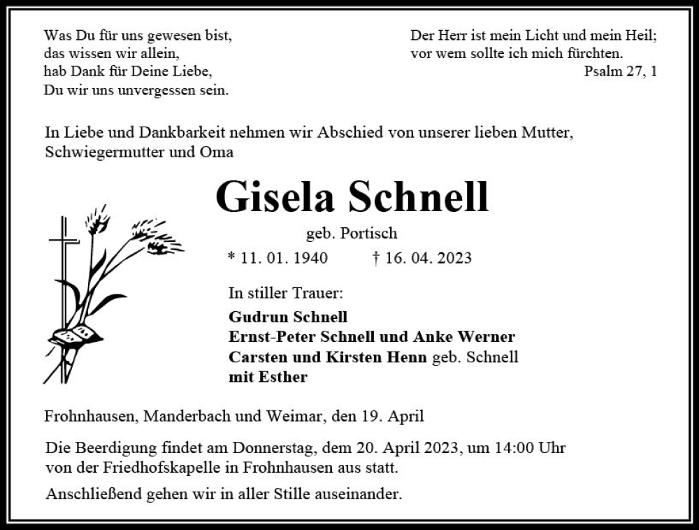  Traueranzeige für Gisela Schnell vom 19.04.2023 aus Dill Block