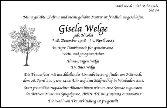 Traueranzeige von Gisela Wegel von Wiesbadener Kurier