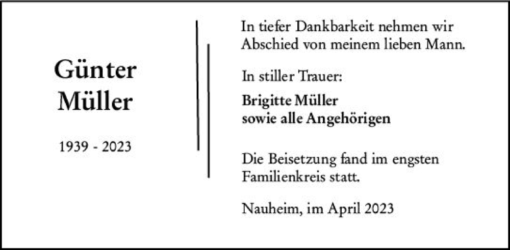  Traueranzeige für Günter Müller vom 29.04.2023 aus Rüsselsheimer Echo