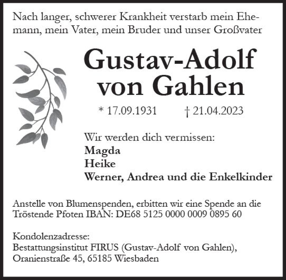  Traueranzeige für Gustav-Adolf von Gahlen vom 26.04.2023 aus Wiesbadener Kurier