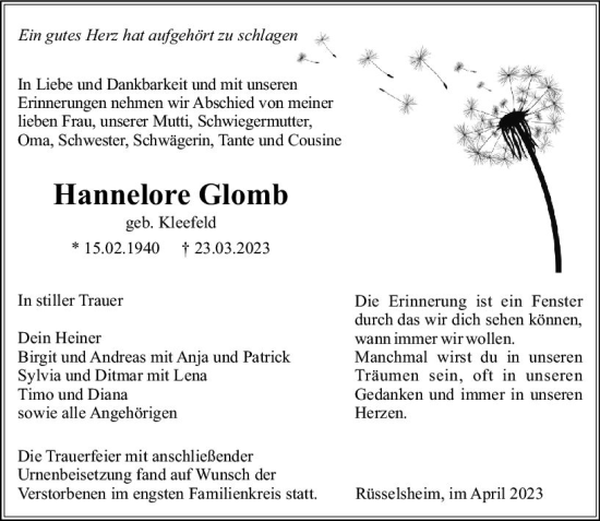 Traueranzeige von Hannelore Glomb von Rüsselsheimer Echo
