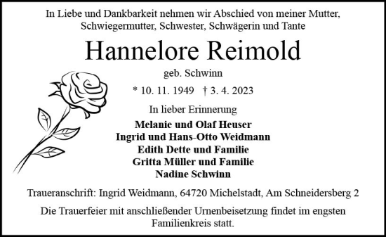 Traueranzeige von Hannelore Reimold von Odenwälder Echo