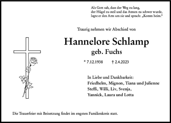 Traueranzeige von Hannelore Schlamp von Darmstädter Echo