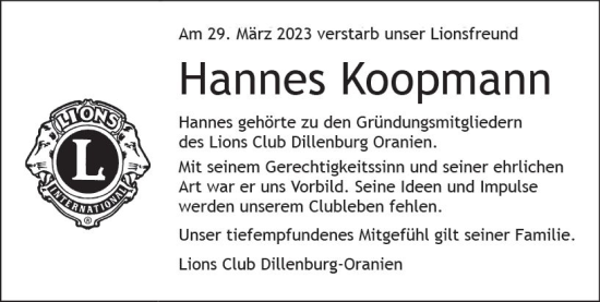 Traueranzeige von Hannes Koopmann von Dill Block
