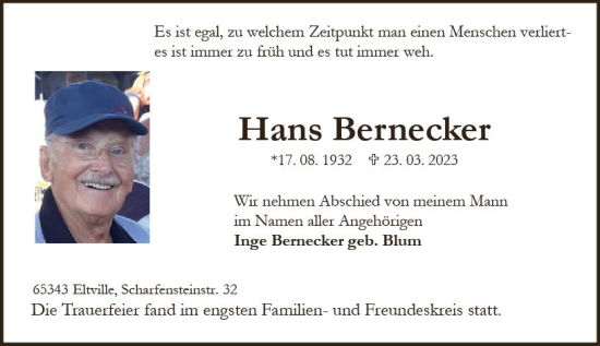 Traueranzeige von Hans Bernecker von Wiesbadener Kurier
