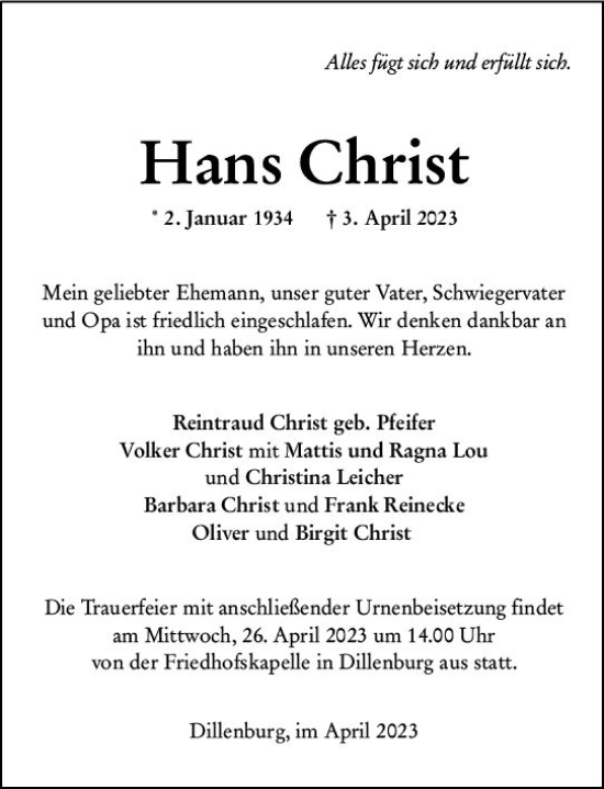Traueranzeige von Hans Christ von Dill Block