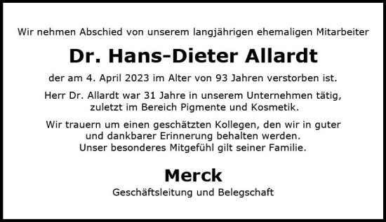 Traueranzeige von Hans-Dieter Allardt von Darmstädter Echo