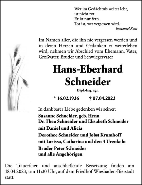 Traueranzeige von Hans-Eberhard Schneider von Wiesbadener Kurier