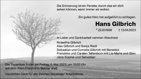 Traueranzeige von Hans Gilbrich von Wetzlarer Neue Zeitung