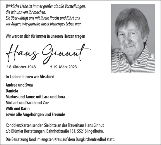 Traueranzeige von Hans Ginnut von Allgemeine Zeitung Bingen/Ingelheim