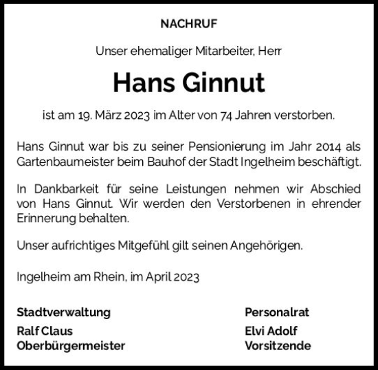 Traueranzeige von Hans Ginnut von Allgemeine Zeitung Bingen/Ingelheim