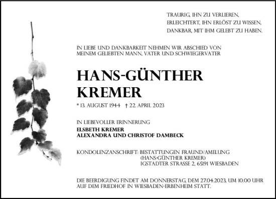 Traueranzeige von Hans-Günther Kremer von Wiesbadener Kurier