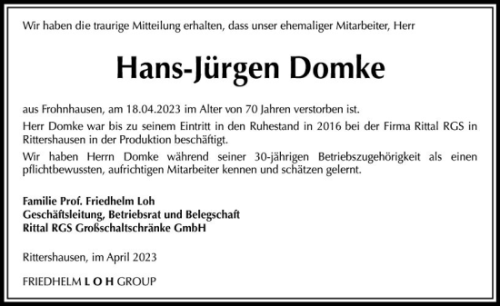 Traueranzeige von Hans-Jürgen Domke von Dill Block