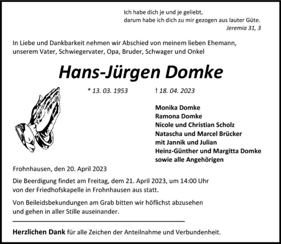 Traueranzeige von Hans-Jürgen Domke von Dill Block