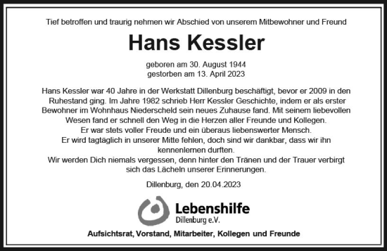 Traueranzeige von Hans Kessler von Dill Block