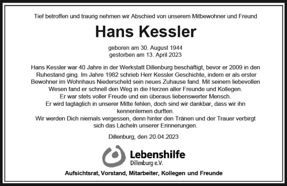  Traueranzeige für Hans Kessler vom 21.04.2023 aus Dill Block