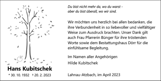 Traueranzeige von Hans Kubitschek von Wetzlarer Neue Zeitung