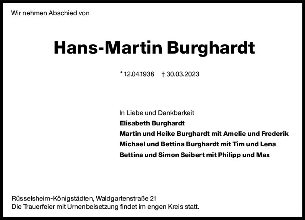  Traueranzeige für Hans-Martin Burghardt vom 15.04.2023 aus Rüsselsheimer Echo