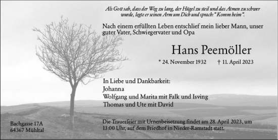 Traueranzeige von Hans Peemöller von Darmstädter Echo