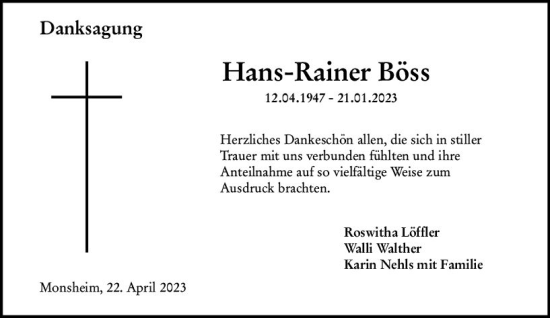 Traueranzeige von Hans-Rainer Böss von Wormser Zeitung