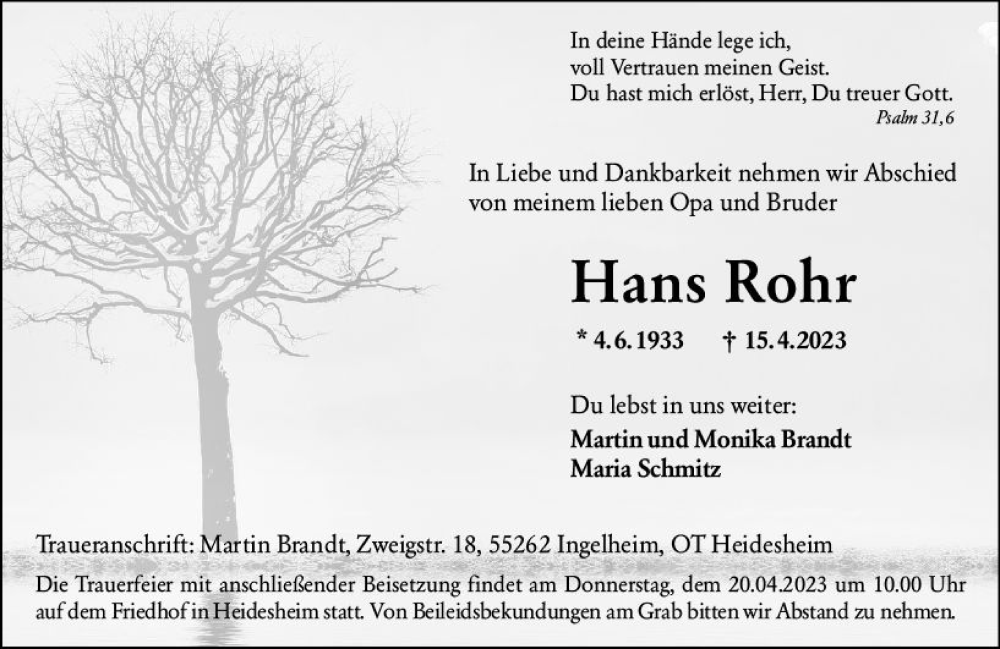  Traueranzeige für Hans Rohr vom 18.04.2023 aus Allgemeine Zeitung Bingen/Ingelheim