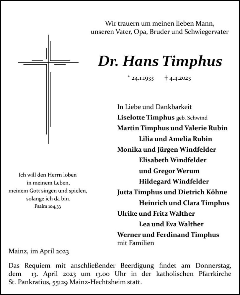  Traueranzeige für Hans Timphus vom 08.04.2023 aus Allgemeine Zeitung Mainz