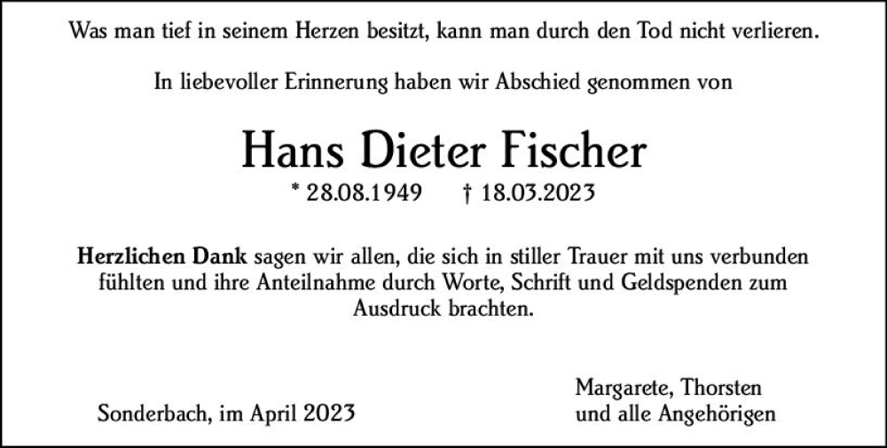  Traueranzeige für Hans Dieter Fischer vom 22.04.2023 aus Starkenburger Echo