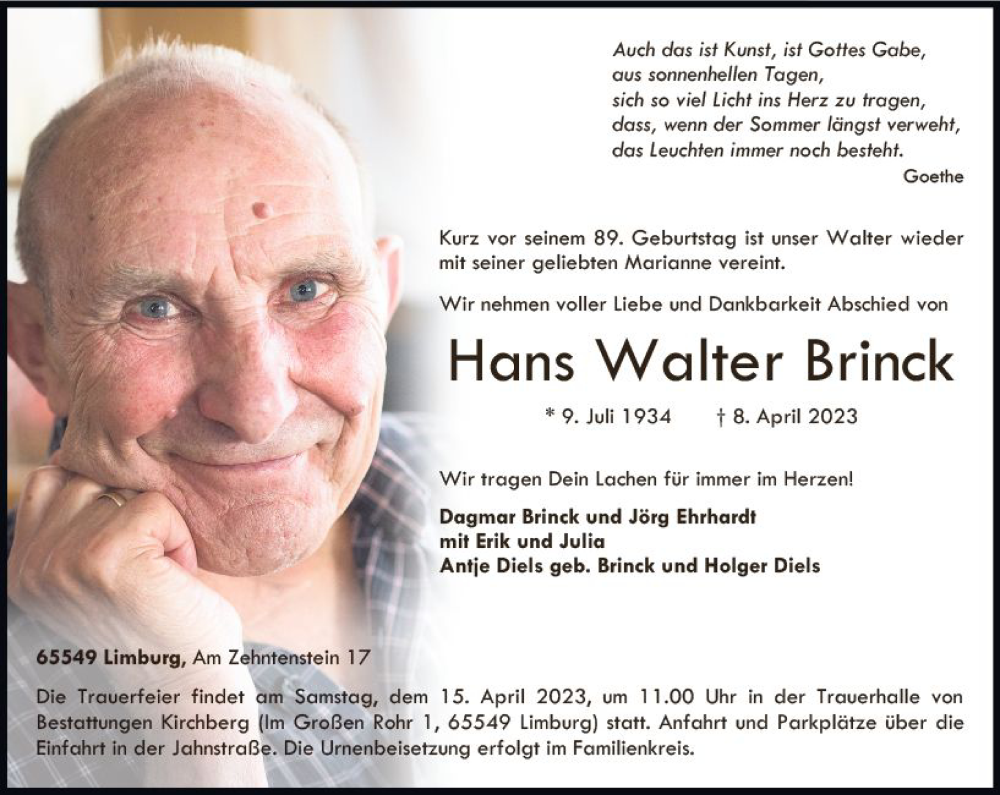  Traueranzeige für Hans Walter Brinck vom 12.04.2023 aus Nassauische Neue Presse