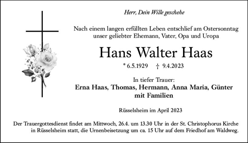  Traueranzeige für Hans Walter Haas vom 22.04.2023 aus Rüsselsheimer Echo