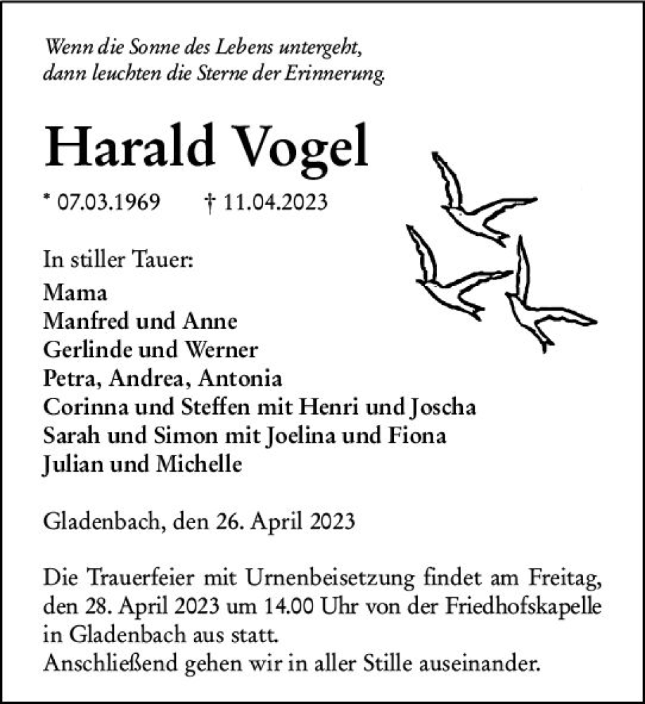  Traueranzeige für Harald Vogel vom 26.04.2023 aus Hinterländer Anzeiger