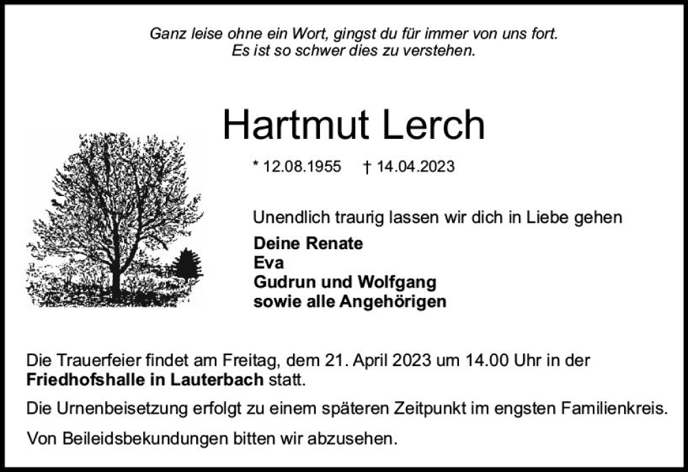  Traueranzeige für Hartmut Lerch vom 19.04.2023 aus VRM Trauer