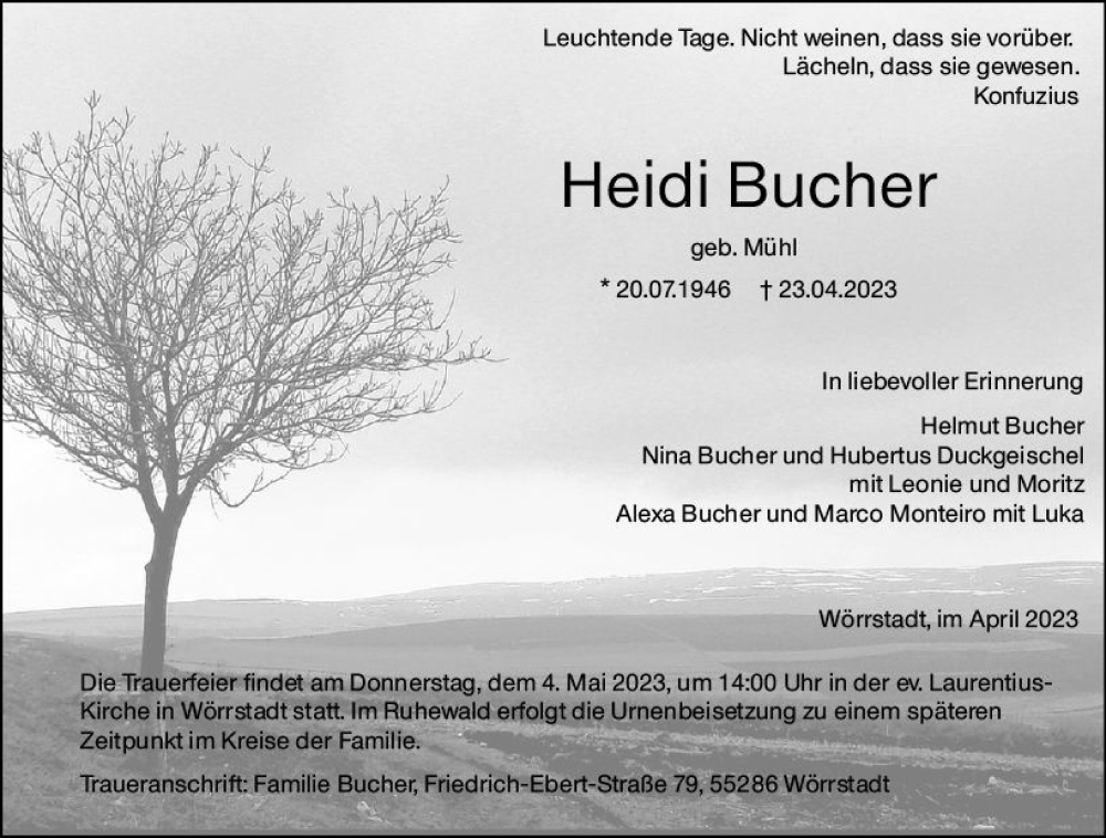  Traueranzeige für Heidi Bucher vom 29.04.2023 aus Allgemeine Zeitung Alzey