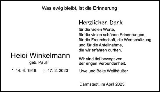 Traueranzeige von Heidi Winkelmann von Darmstädter Echo