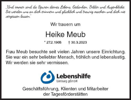 Traueranzeige von Heike Meub von Nassauische Neue Presse