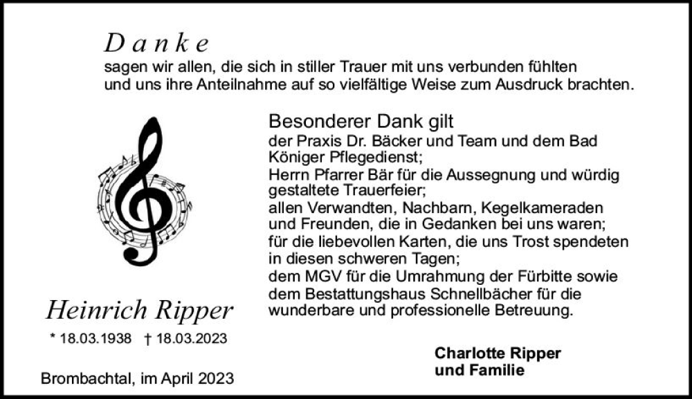  Traueranzeige für Heinrich Ripper vom 22.04.2023 aus Odenwälder Echo
