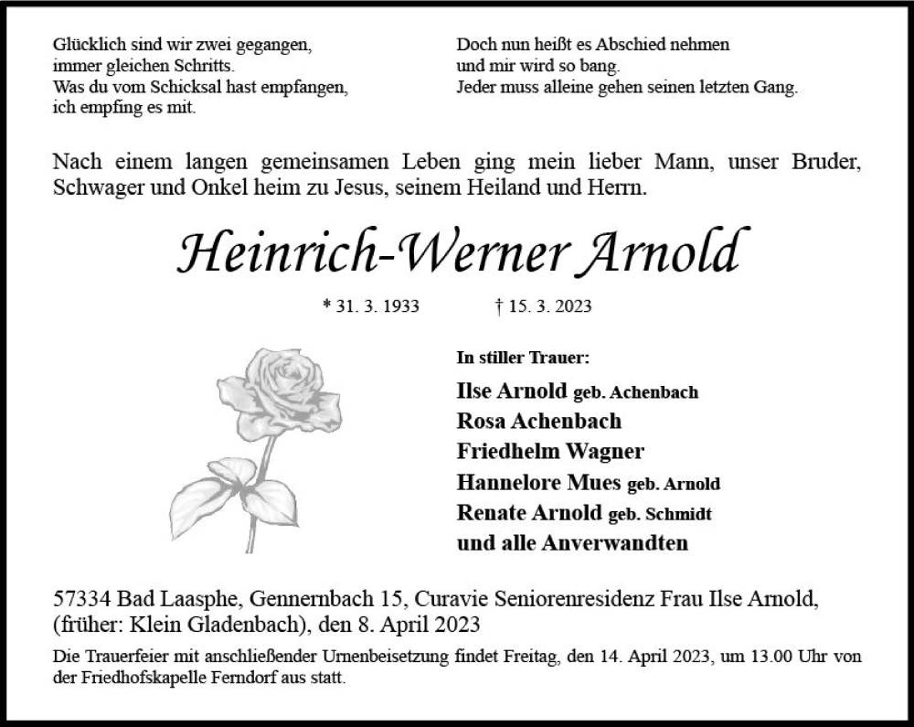  Traueranzeige für Heinrich-Werner Arnold vom 08.04.2023 aus Hinterländer Anzeiger