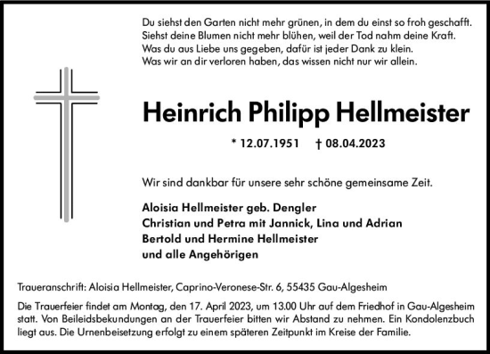 Traueranzeige von Heinrich Philipp Hellmeister von Allgemeine Zeitung Bingen/Ingelheim