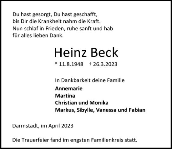 Traueranzeige von Heinz Beck von Darmstädter Echo