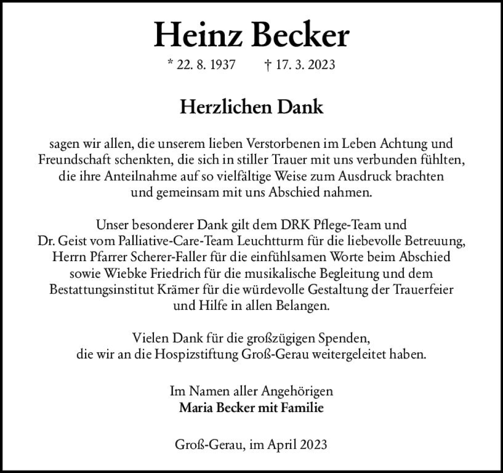  Traueranzeige für Heinz Becker vom 15.04.2023 aus Groß-Gerauer Echo