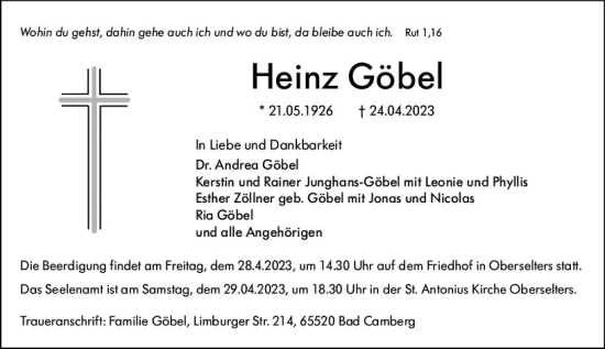Traueranzeige von Heinz Göbel von Camberger Anzeiger