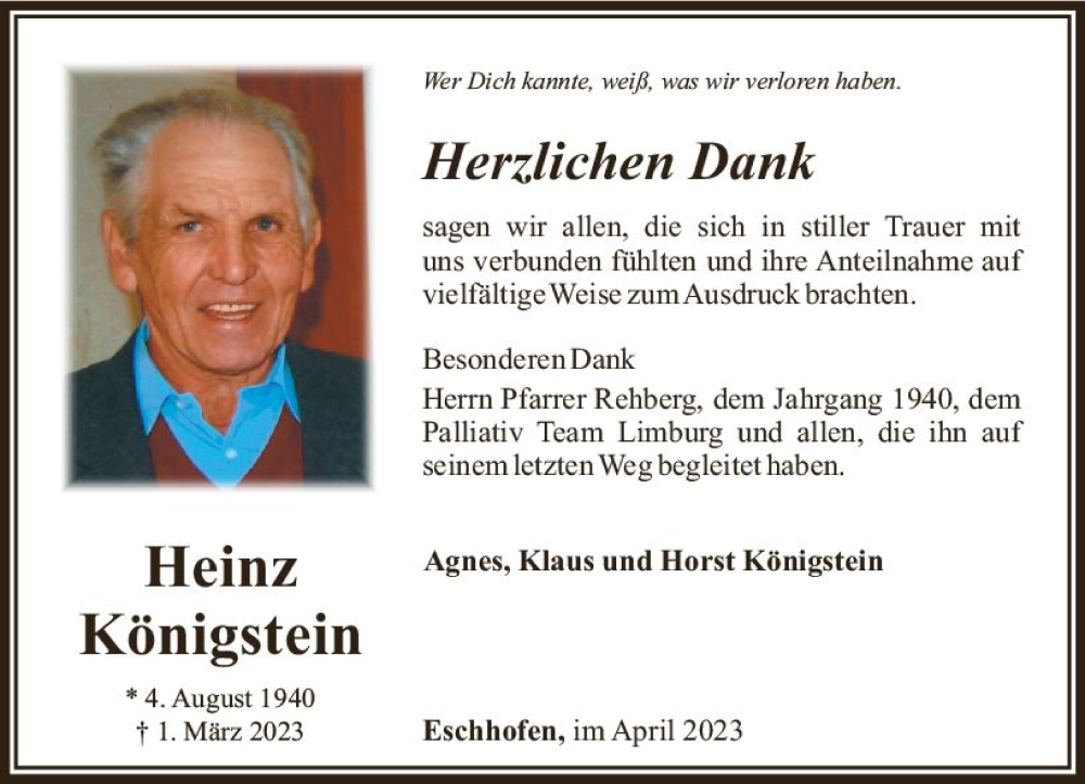  Traueranzeige für Heinz Königstein vom 08.04.2023 aus Nassauische Neue Presse