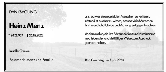 Traueranzeige von Heinz Menz von Camberger Anzeiger