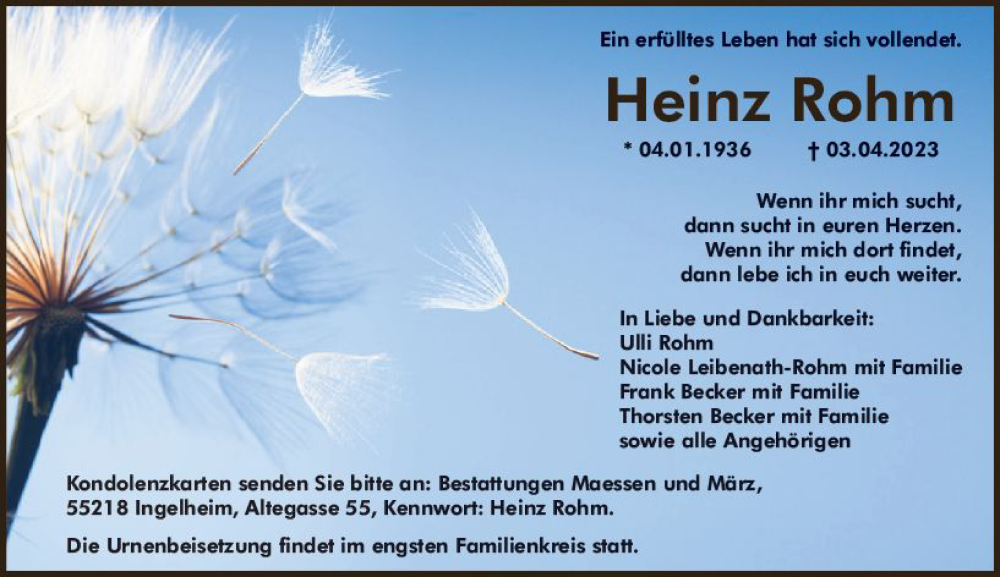  Traueranzeige für Heinz Rohm vom 15.04.2023 aus Allgemeine Zeitung Bingen/Ingelheim