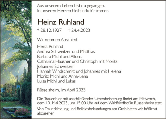 Traueranzeige von Heinz Ruhland von Rüsselsheimer Echo