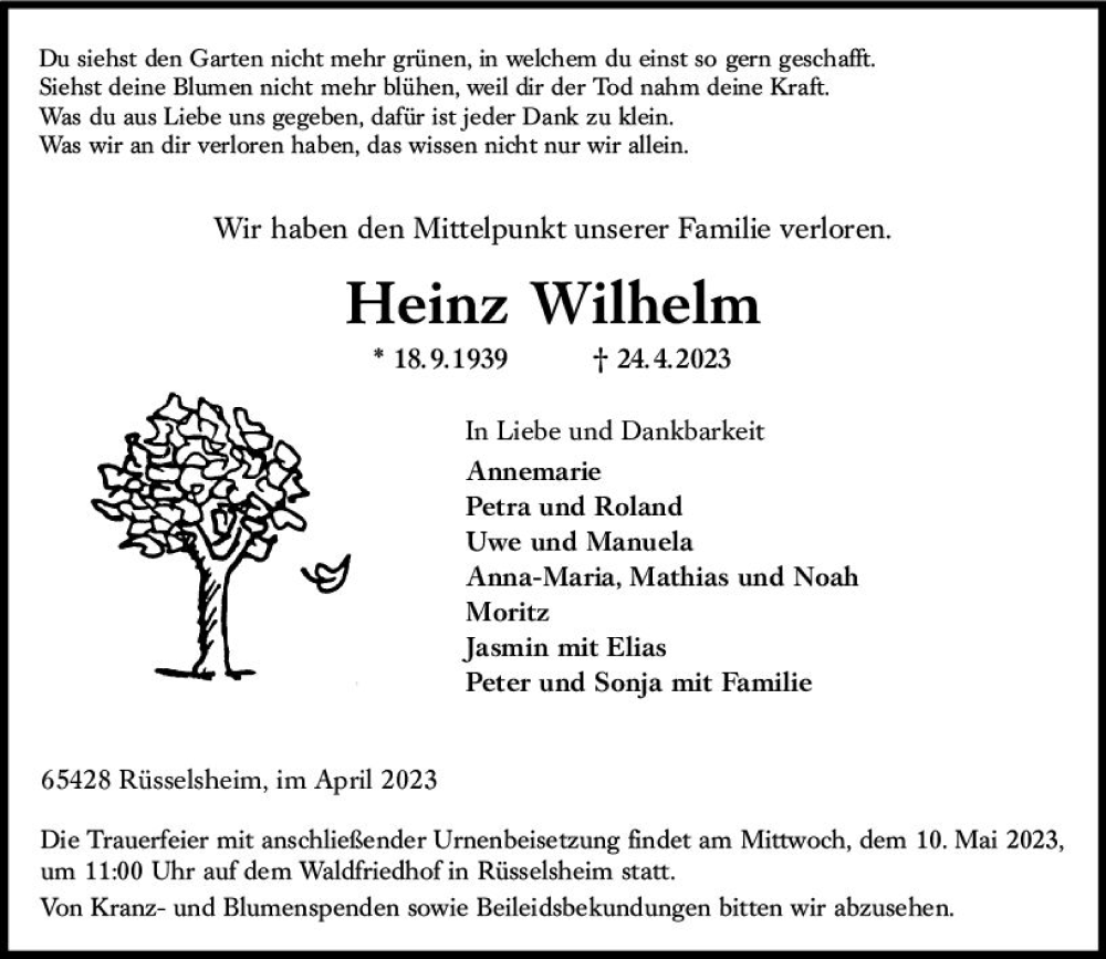  Traueranzeige für Heinz Wilhelm vom 29.04.2023 aus Rüsselsheimer Echo