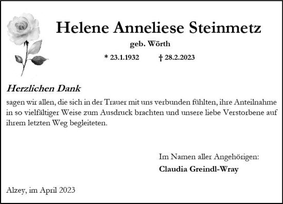 Traueranzeige von Helene Anneliese Steinmetz von Allgemeine Zeitung Alzey