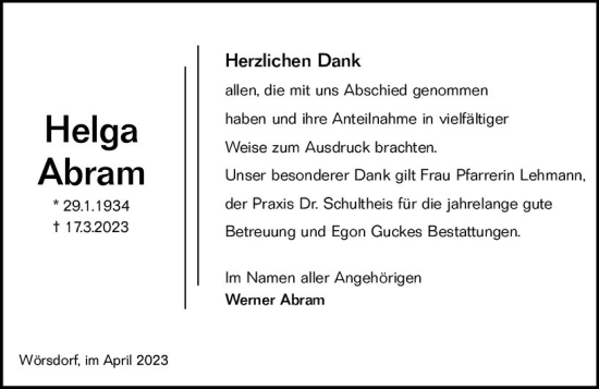 Traueranzeige von Helga Abram von Idsteiner Land/Untertaunus